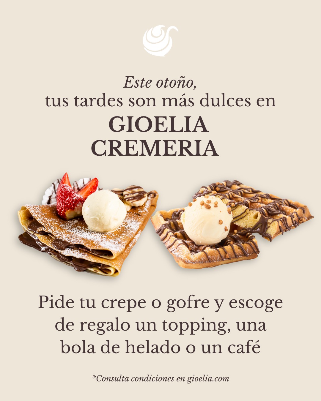 Pide un crepe o gofre y escoge de regalo un topping extra, una bola de helado o un café
